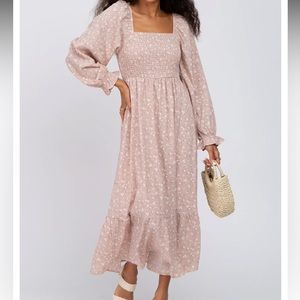 Light Pink Floral Square Neck MIDI Dress